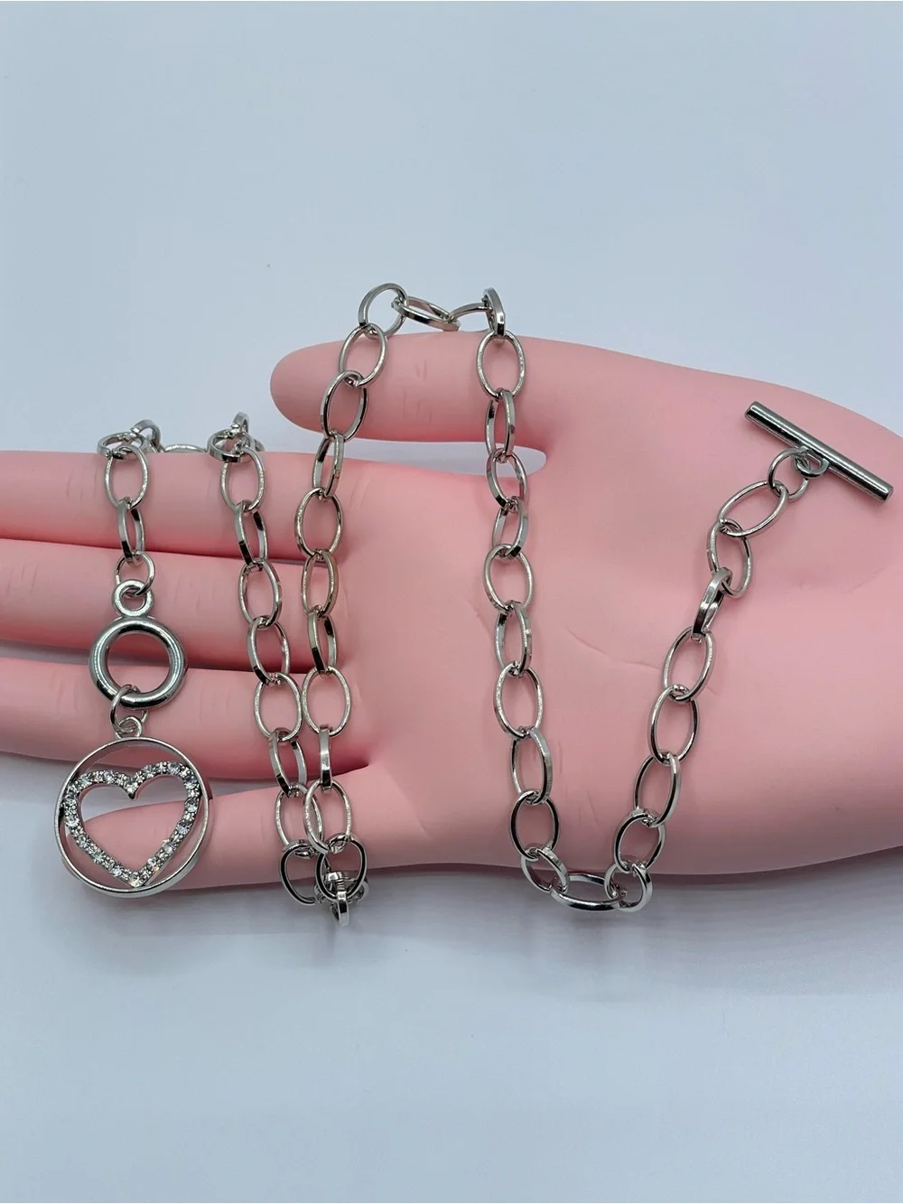 Silver Tone Crystal Heart Toggle Necklace Romantic Glam Statement